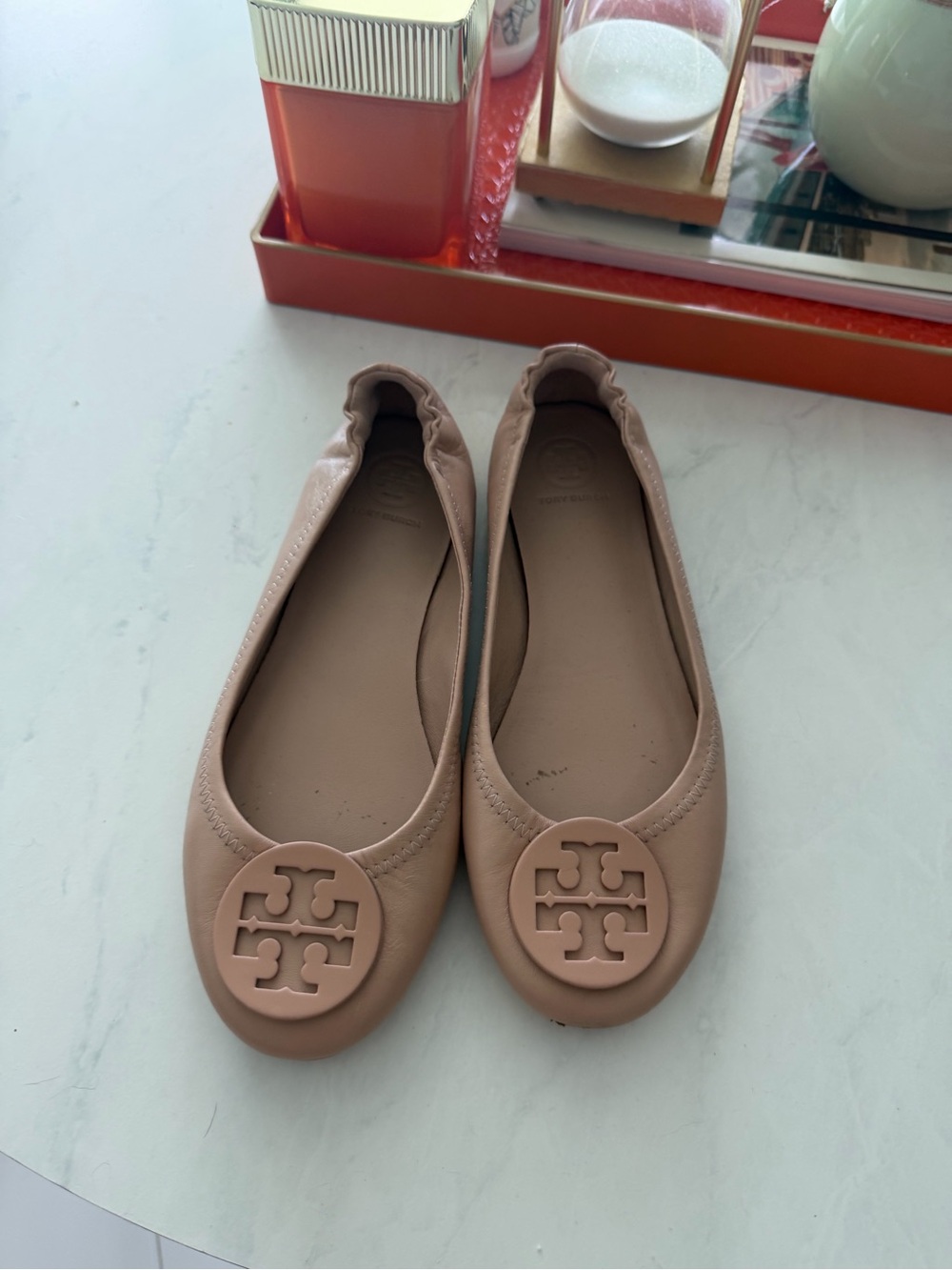 Tory Burch Nude Pink Logo Round-Toe Ballet Flats